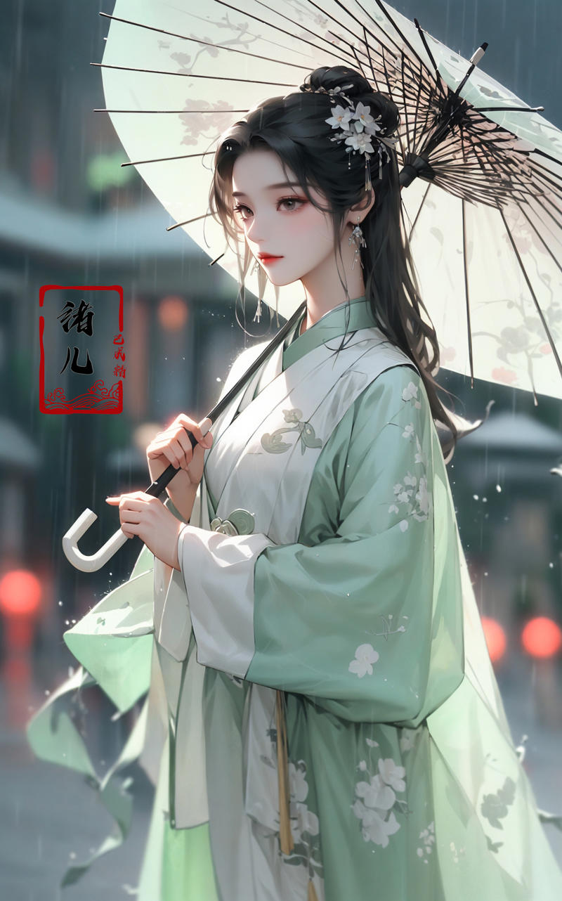 606247209521968585-1813263382-A woman holds a oil-paper umbrella on her shoulder to shelter from the rain as part of a fashion event in the style of Yue Xiaof.jpg